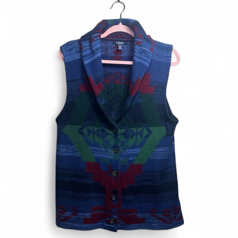 Chaps Aztec Western Knit Cardigan Sweater Vest Size XL Shawl Collar Fall Cowgirl